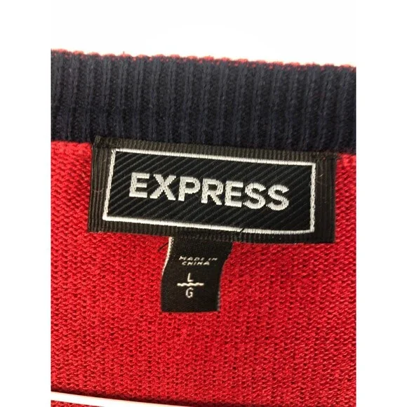 Express Mens L Cardigan Grandpa Sweater Academia Varsity Stripe Rugby Logo Red - Picture 4 of 9